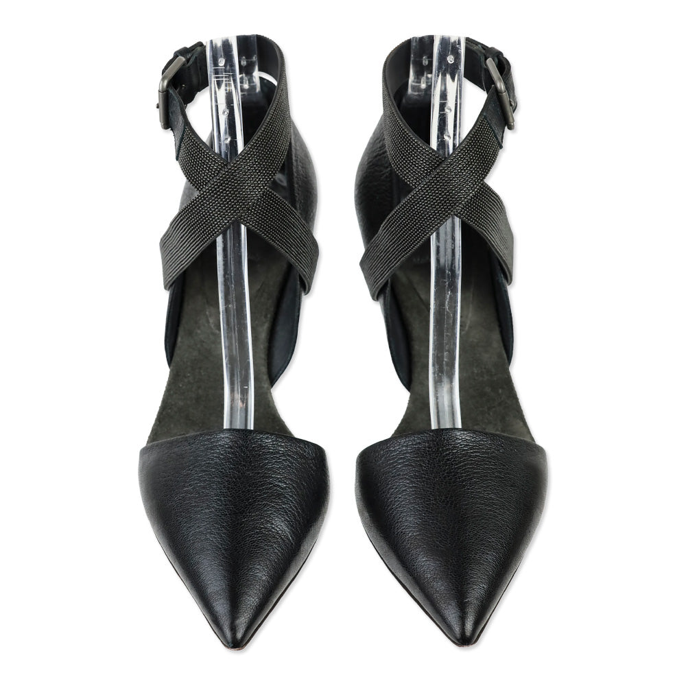 Brunello Cucinelli Black Leather 85mm D'Orsay Pump with Monili Ankle Strap