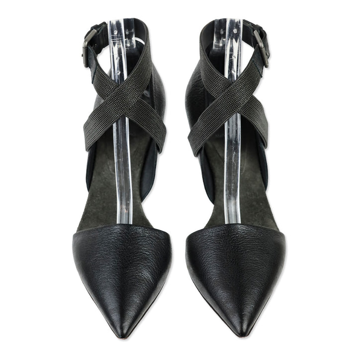 Brunello Cucinelli Black Leather 85mm D'Orsay Pump with Monili Ankle Strap