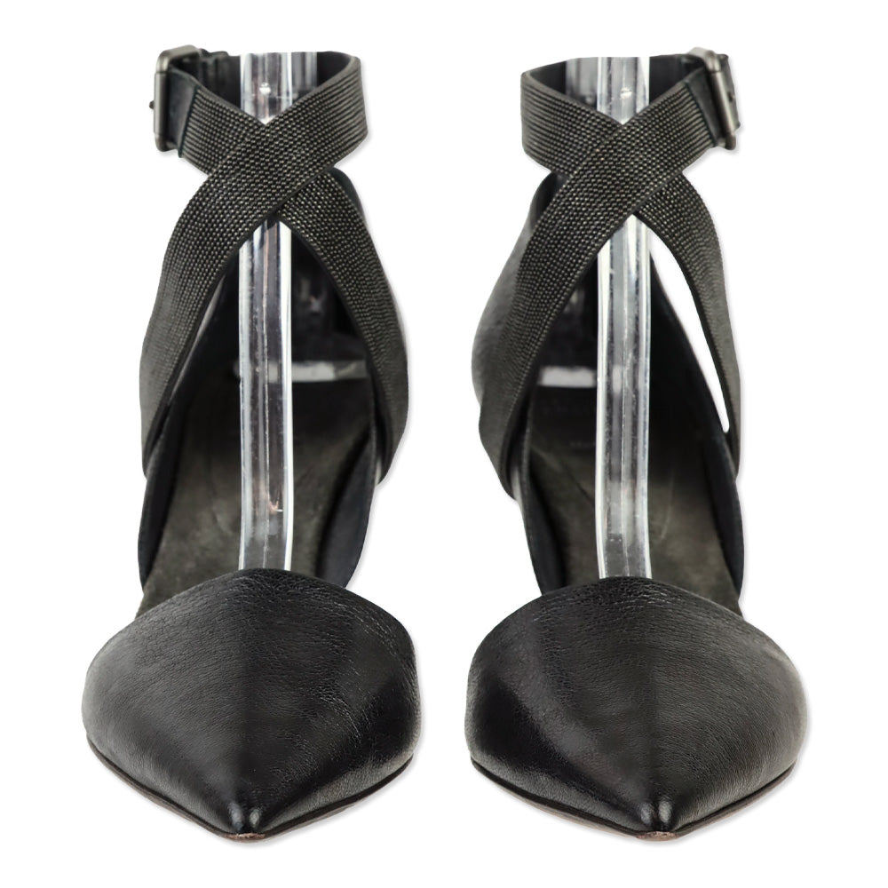 Brunello Cucinelli Black Leather 85mm D'Orsay Pump with Monili Ankle Strap