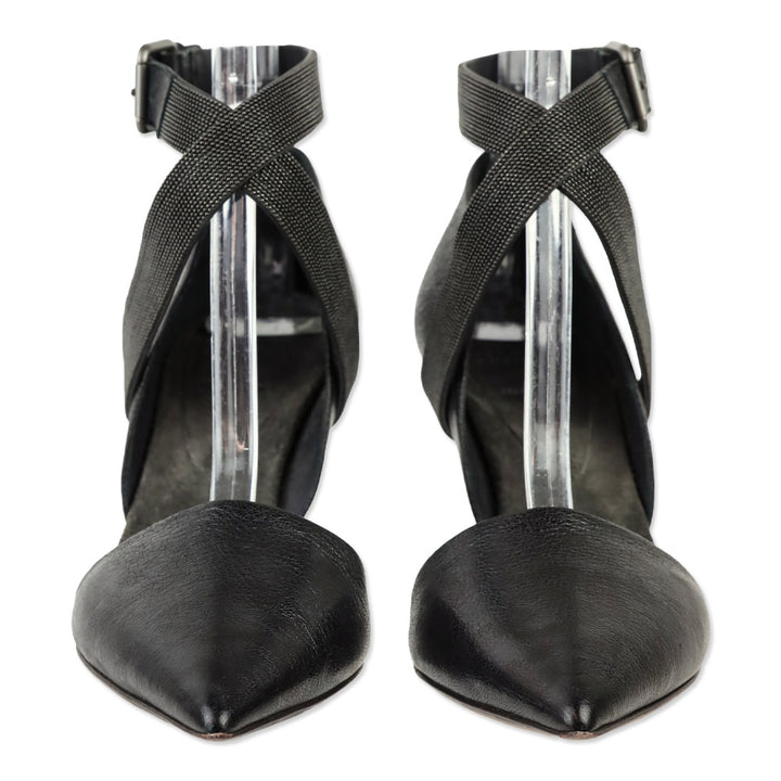 Brunello Cucinelli Black Leather 85mm D'Orsay Pump with Monili Ankle Strap