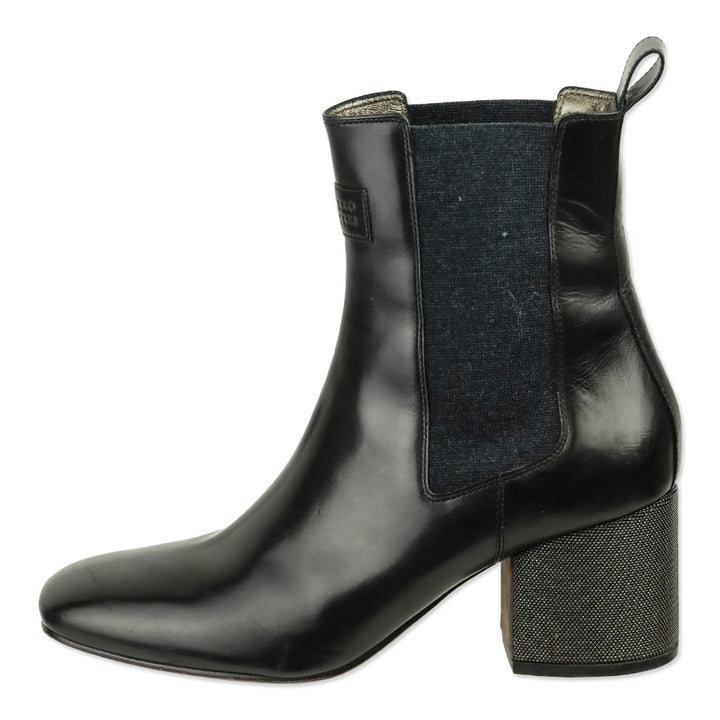 Brunello Cucinelli Black Leather Monili Heel Chelsea Boot