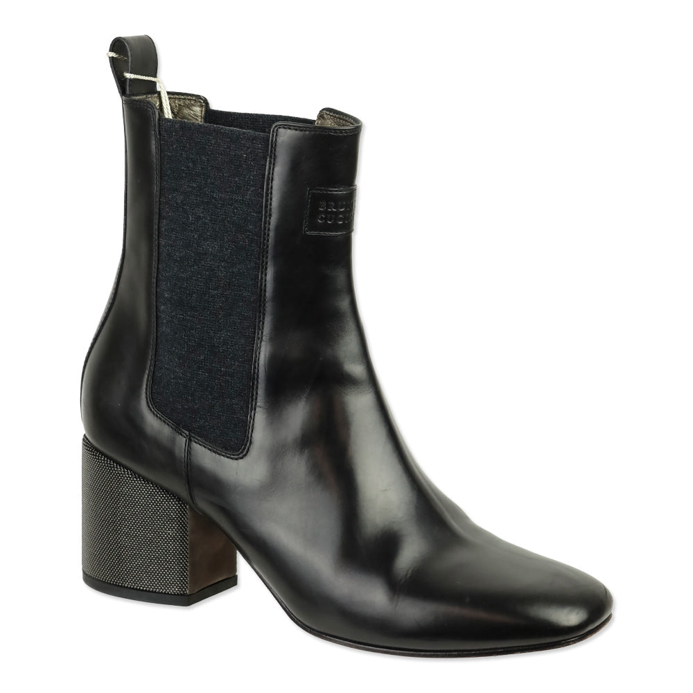 Brunello Cucinelli Black Leather Monili Heel Chelsea Boot