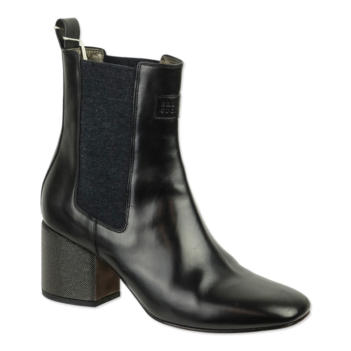 Brunello Cucinelli Black Leather Monili Heel Chelsea Boot