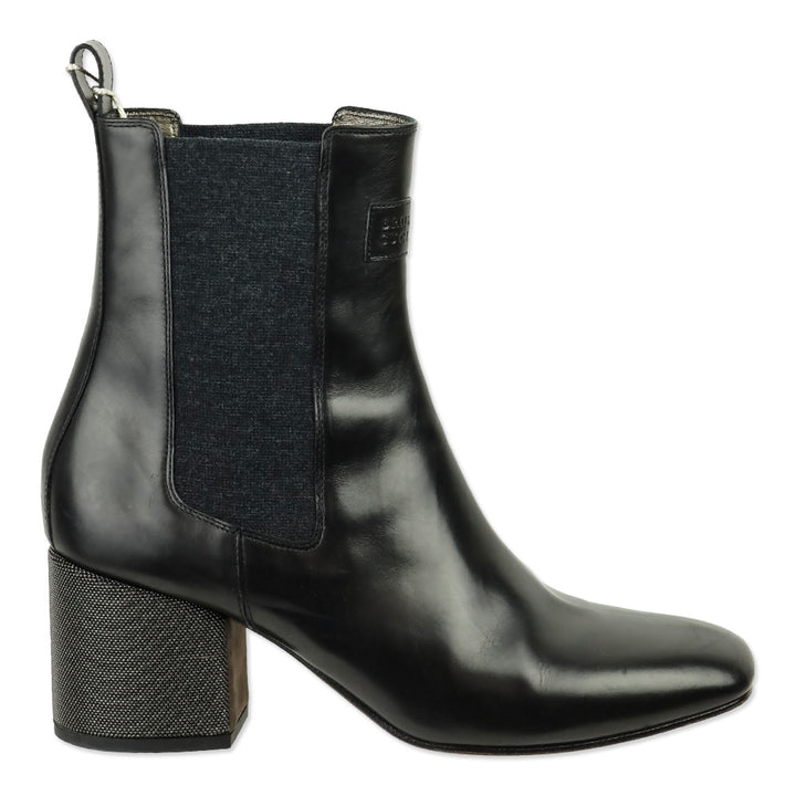 Brunello Cucinelli Black Leather Monili Heel Chelsea Boot