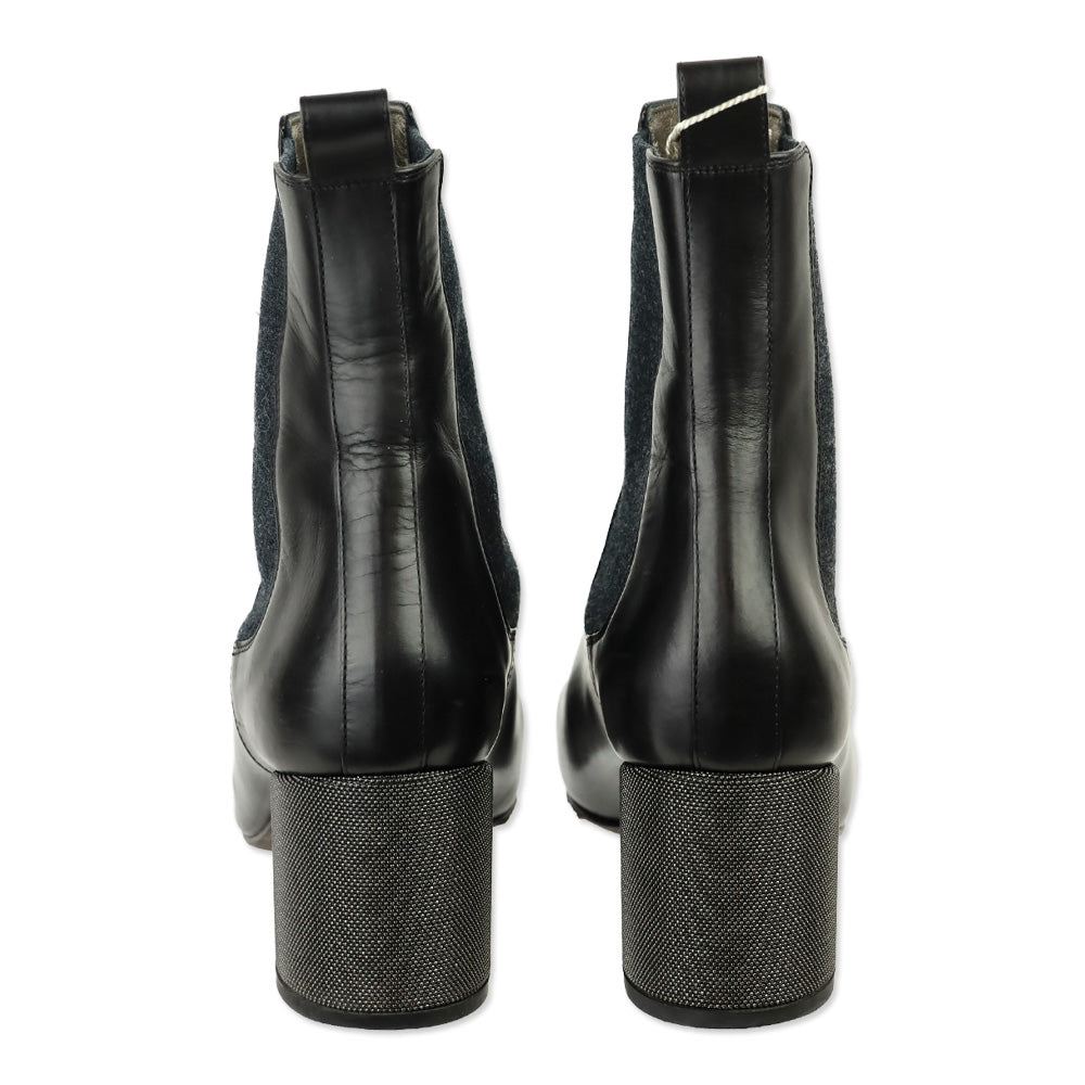 Brunello Cucinelli Black Leather Monili Heel Chelsea Boot