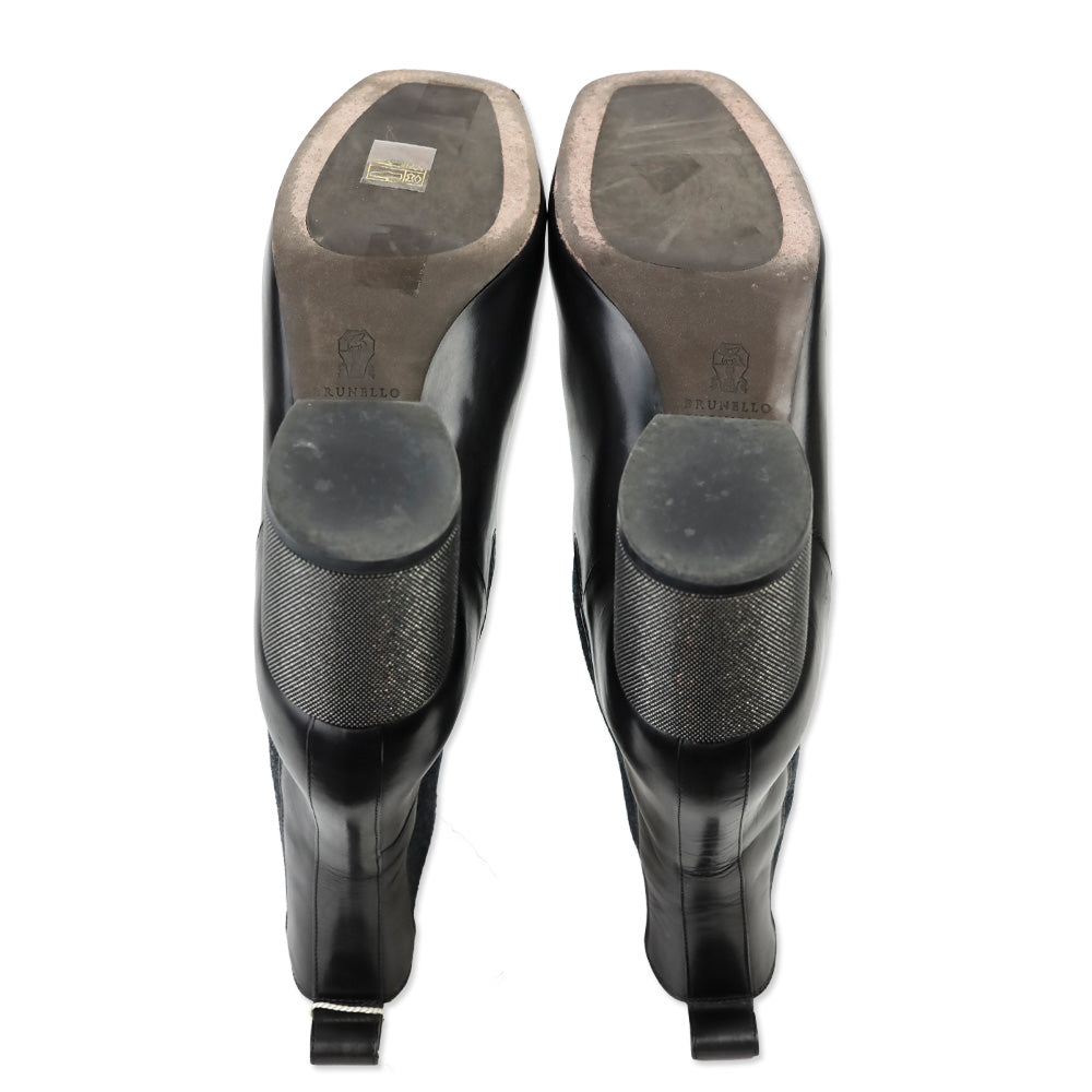 Brunello Cucinelli Black Leather Monili Heel Chelsea Boot