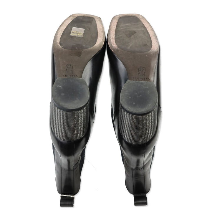 Brunello Cucinelli Black Leather Monili Heel Chelsea Boot