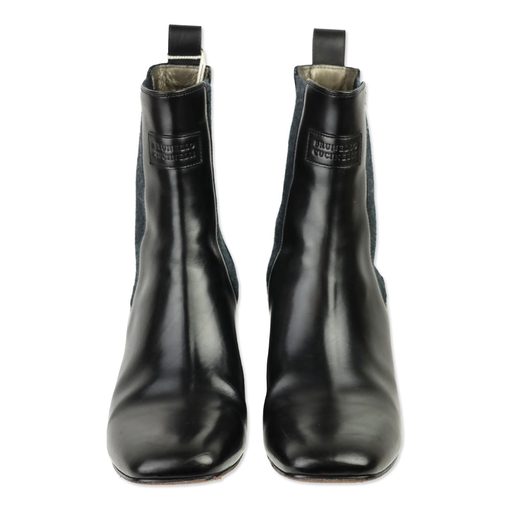 Brunello Cucinelli Black Leather Monili Heel Chelsea Boot