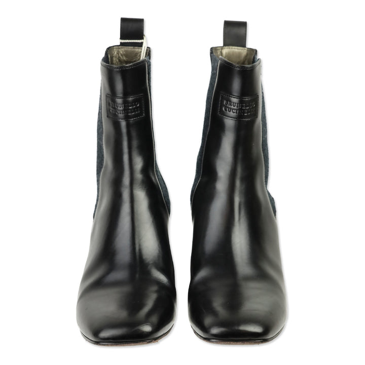 Brunello Cucinelli Black Leather Monili Heel Chelsea Boot