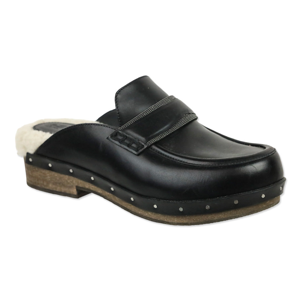 Brunello Cucinelli Black Leather Shearling Lined Mule Clog