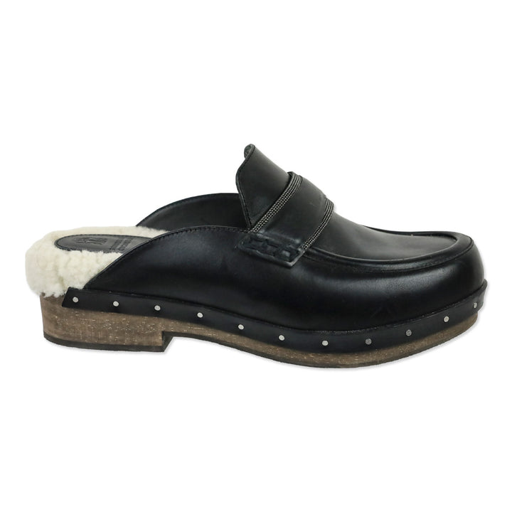 Brunello Cucinelli Black Leather Shearling Lined Mule Clog