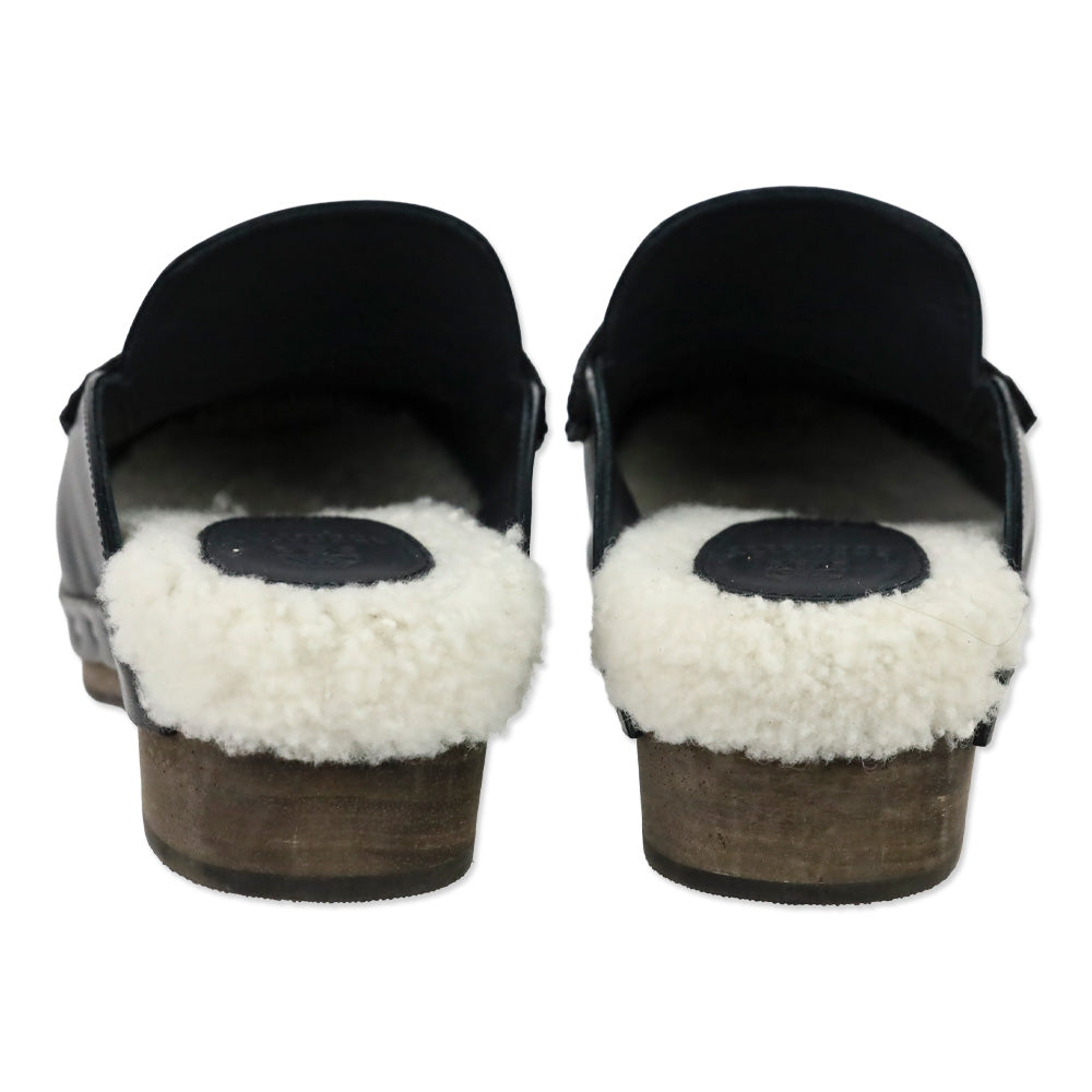 Brunello Cucinelli Black Leather Shearling Lined Mule Clog