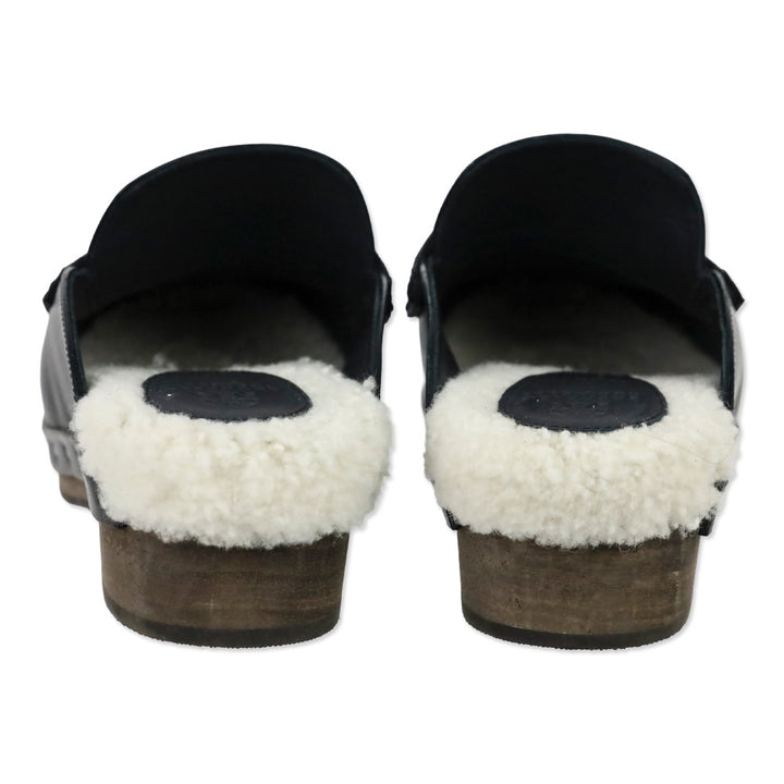 Brunello Cucinelli Black Leather Shearling Lined Mule Clog