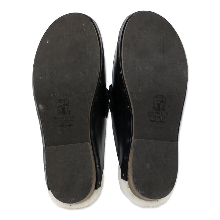 Brunello Cucinelli Black Leather Shearling Lined Mule Clog