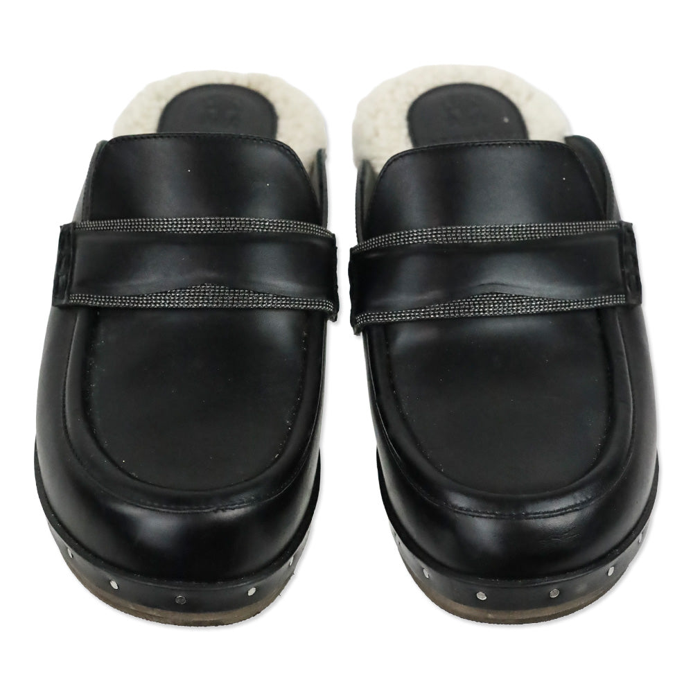 Brunello Cucinelli Black Leather Shearling Lined Mule Clog