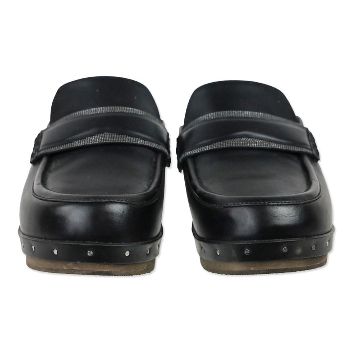 Brunello Cucinelli Black Leather Shearling Lined Mule Clog