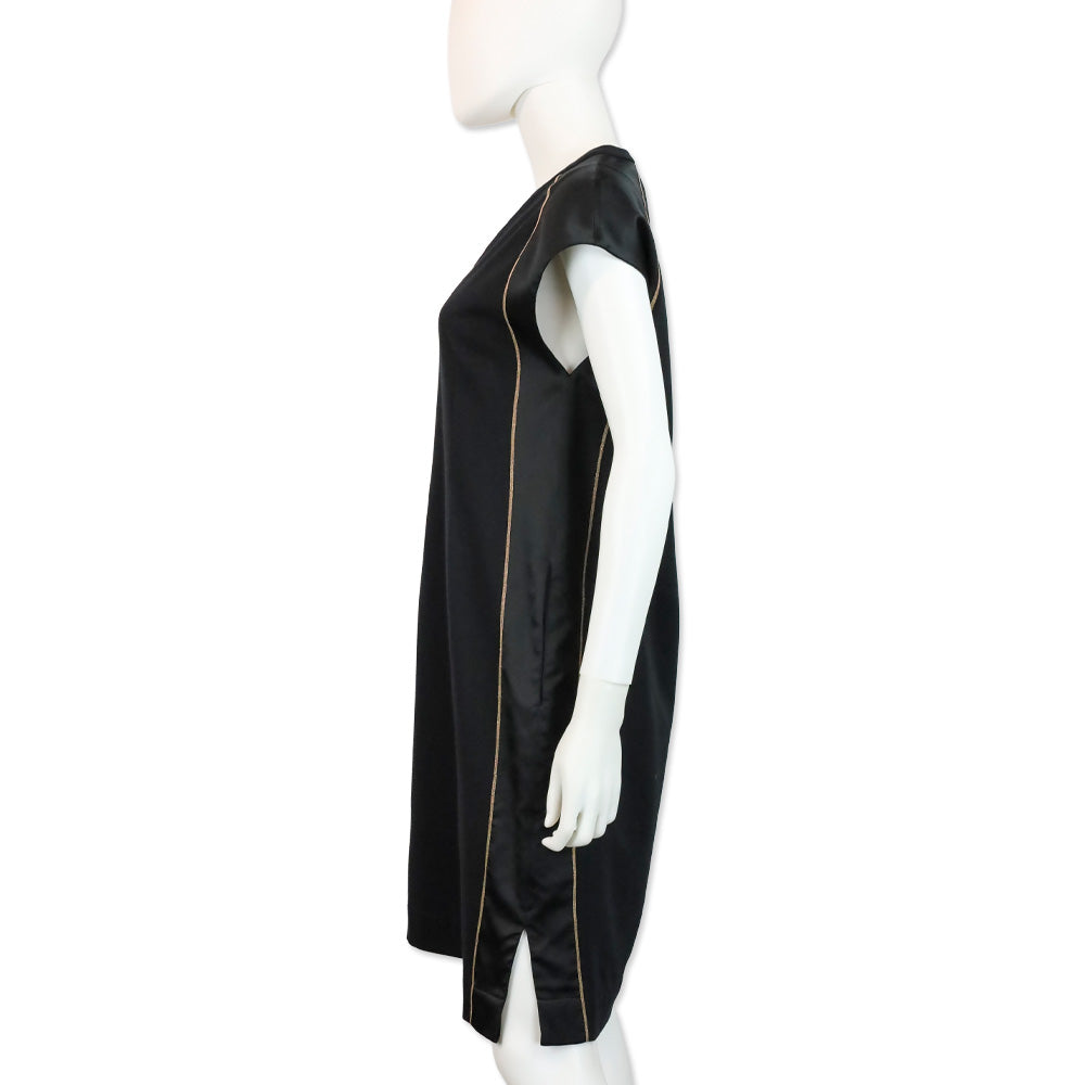 Brunello Cucinelli Black Silk Monili Trim V-Neck Shift Dress