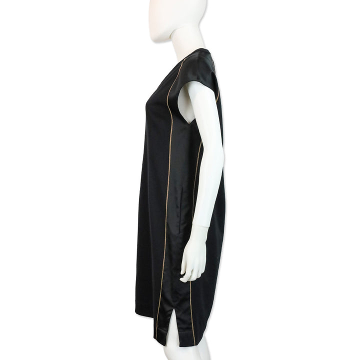 Brunello Cucinelli Black Silk Monili Trim V-Neck Shift Dress