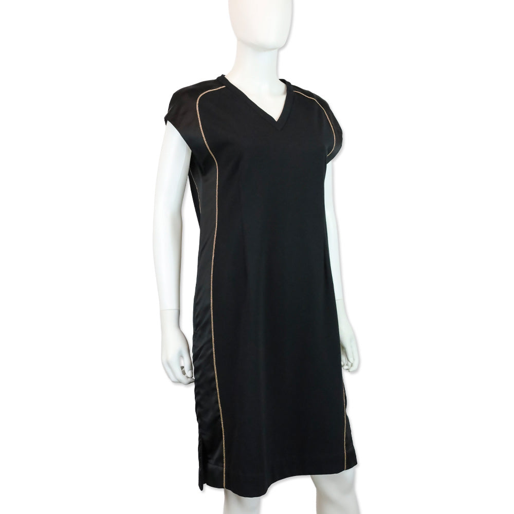 Brunello Cucinelli Black Silk Monili Trim V-Neck Shift Dress