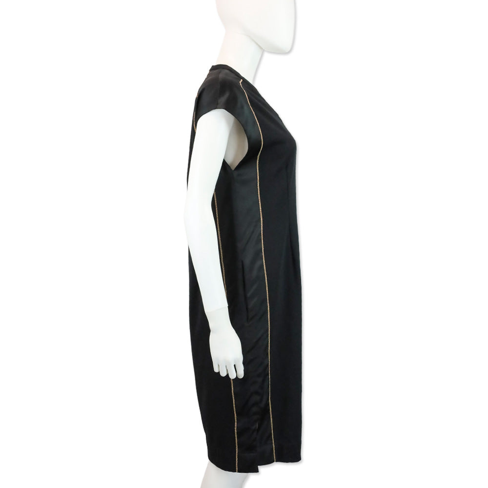 Brunello Cucinelli Black Silk Monili Trim V-Neck Shift Dress