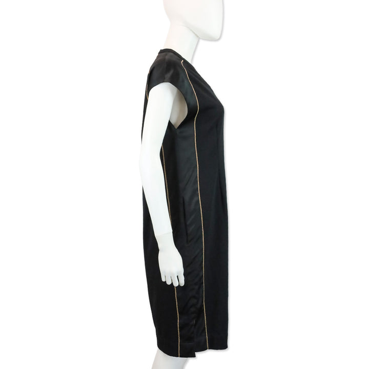 Brunello Cucinelli Black Silk Monili Trim V-Neck Shift Dress