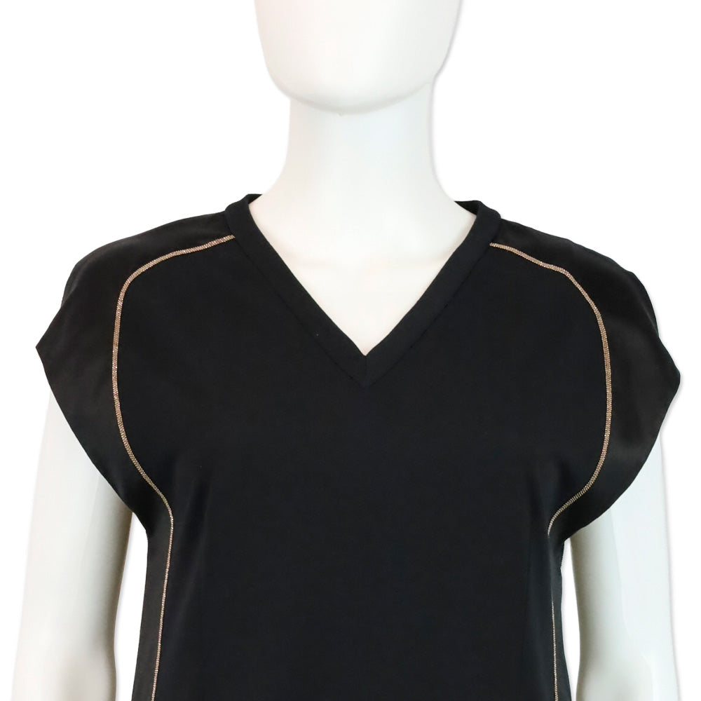 Brunello Cucinelli Black Silk Monili Trim V-Neck Shift Dress