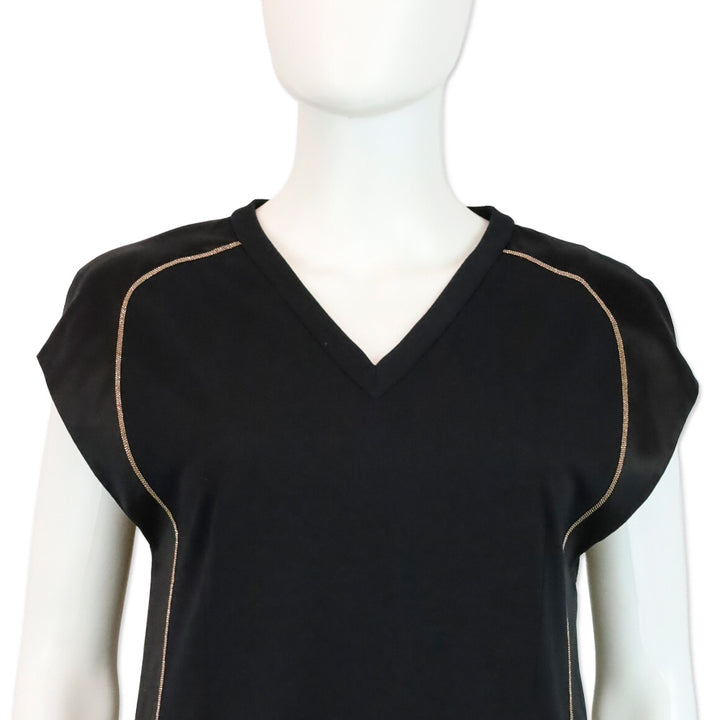 Brunello Cucinelli Black Silk Monili Trim V-Neck Shift Dress
