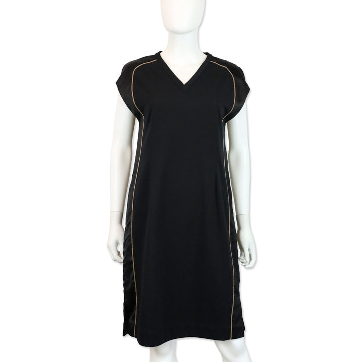 Brunello Cucinelli Black Silk Monili Trim V-Neck Shift Dress