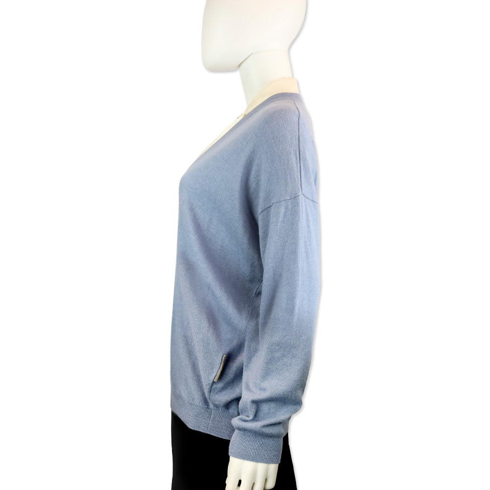 Brunello Cucinelli Blue Cashmere Knit V-Neck Sweater
