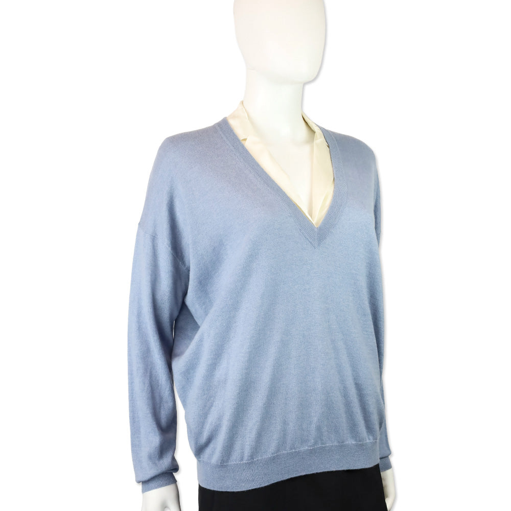 Brunello Cucinelli Blue Cashmere Knit V-Neck Sweater