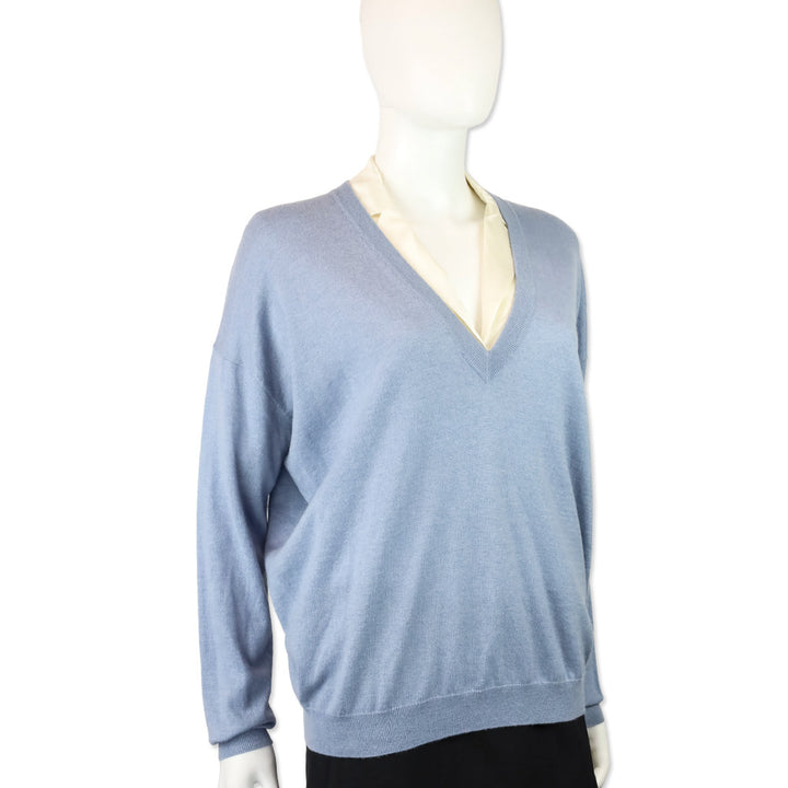 Brunello Cucinelli Blue Cashmere Knit V-Neck Sweater