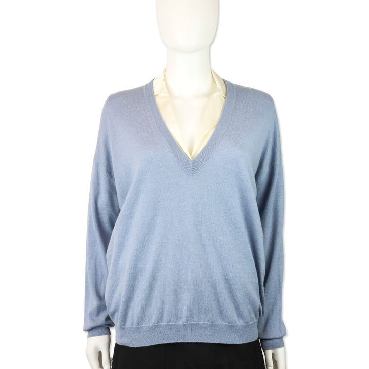 Brunello Cucinelli Blue Cashmere Knit V-Neck Sweater