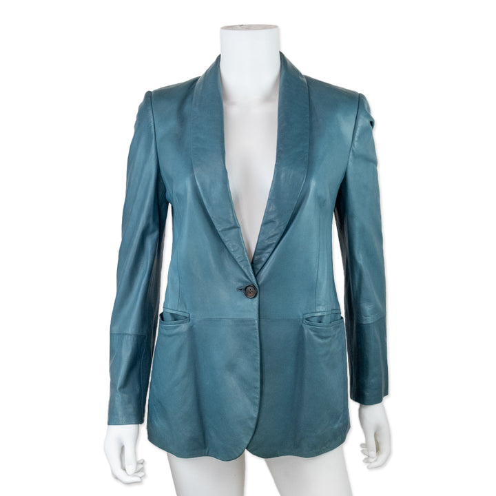 Brunello Cucinelli Blue Leather Single Breasted Blazer with Silk Lining