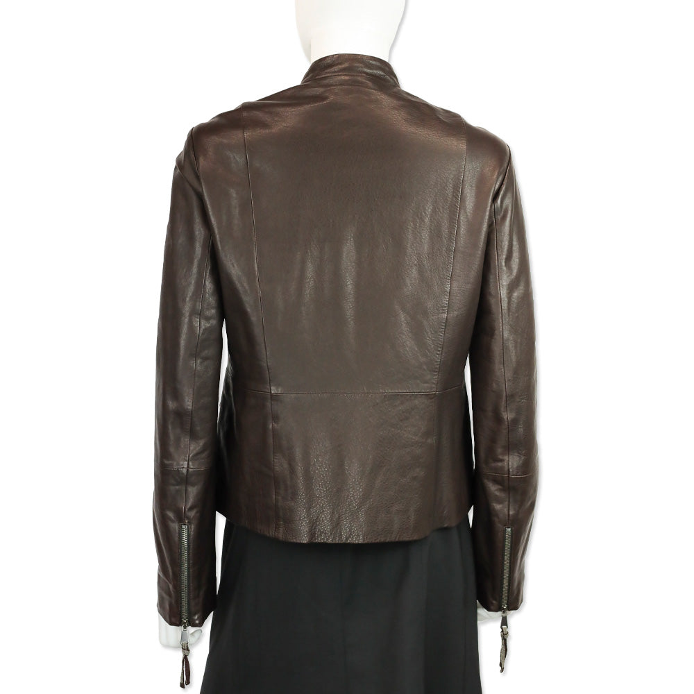 Brunello Cucinelli Brown Leather Zip Stand-Collar Jacket