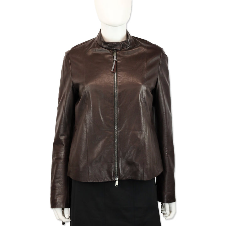 Brunello Cucinelli Brown Leather Zip Stand-Collar Jacket
