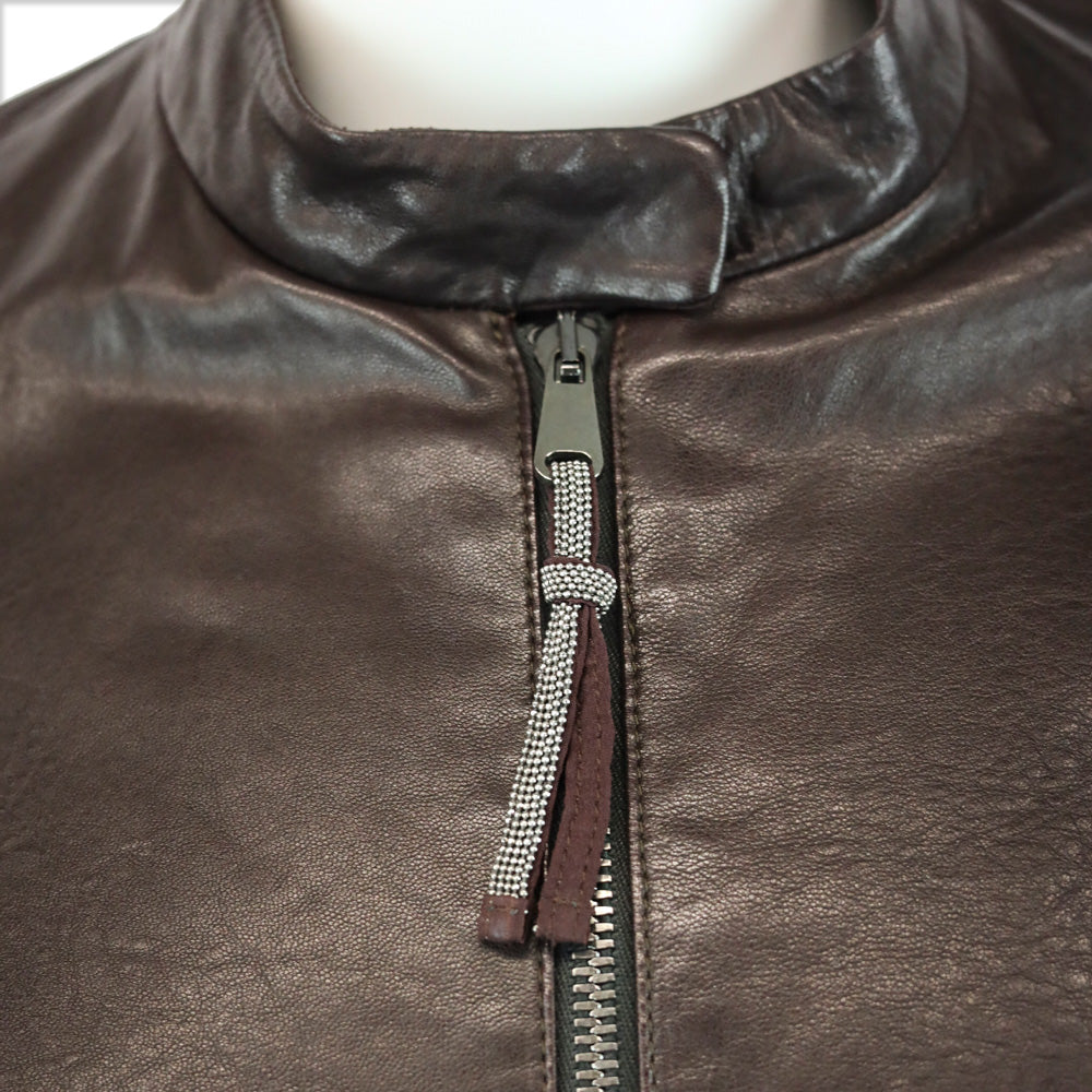 Brunello Cucinelli Brown Leather Zip Stand-Collar Jacket