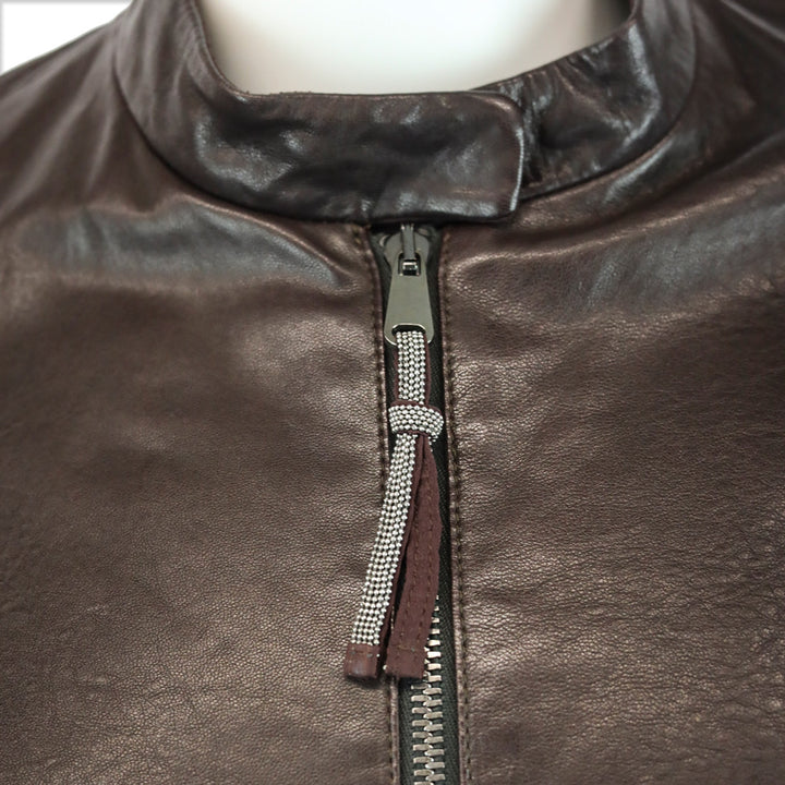 Brunello Cucinelli Brown Leather Zip Stand-Collar Jacket