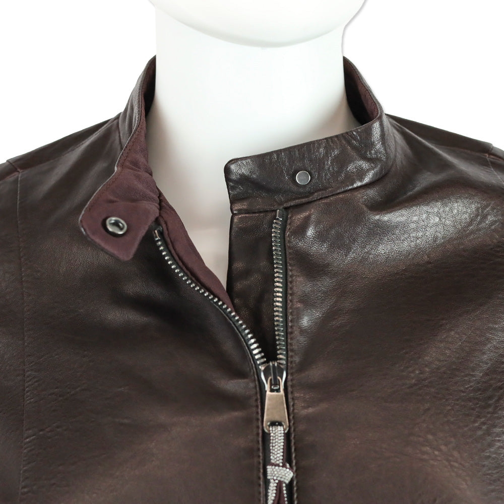 Brunello Cucinelli Brown Leather Zip Stand-Collar Jacket