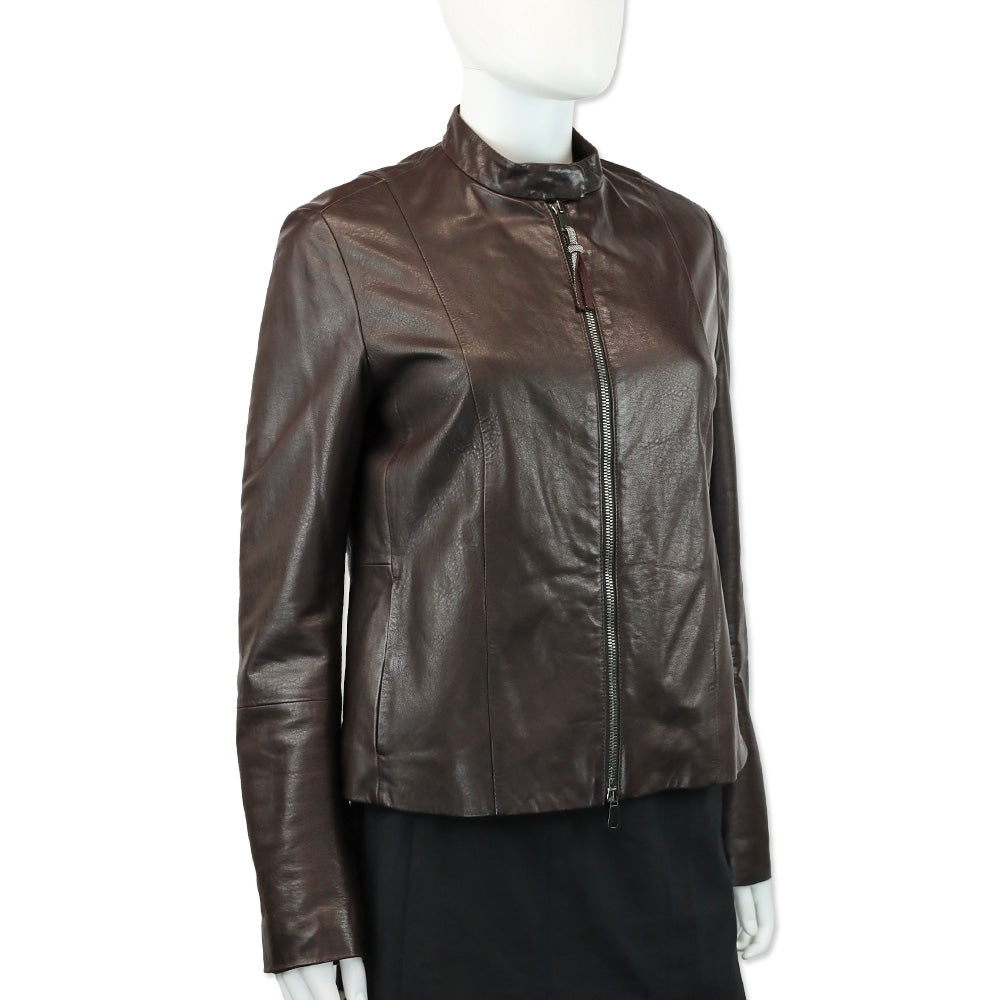 Brunello Cucinelli Brown Leather Zip Stand-Collar Jacket