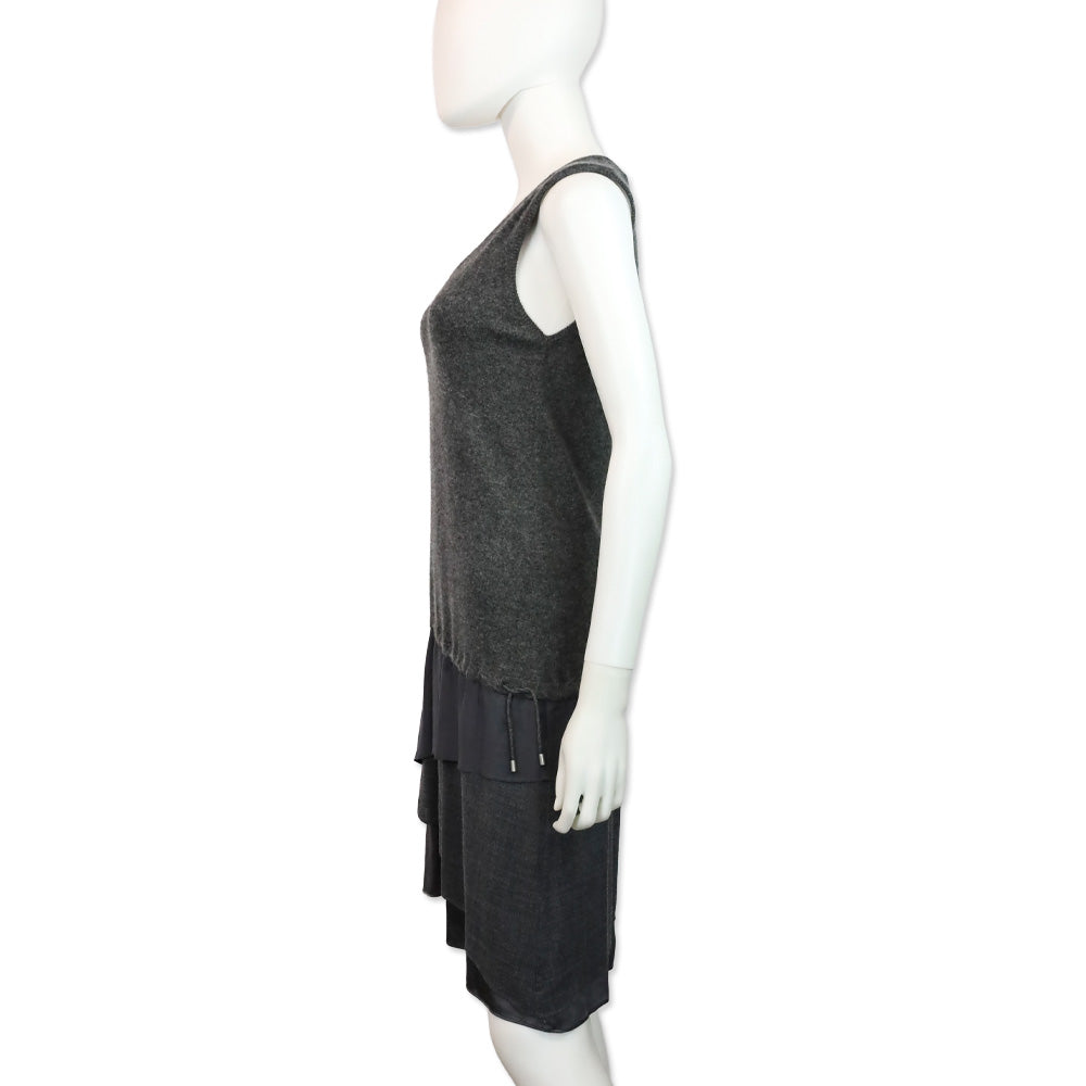 Brunello Cucinelli Charcoal Grey Cashmere Knit V-Neck Sleeveless Tiered Midi Dress