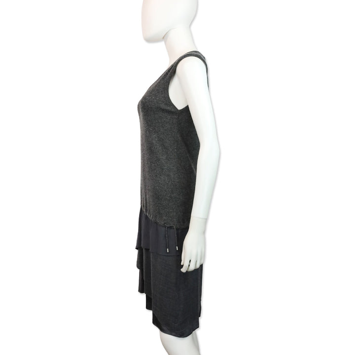 Brunello Cucinelli Charcoal Grey Cashmere Knit V-Neck Sleeveless Tiered Midi Dress