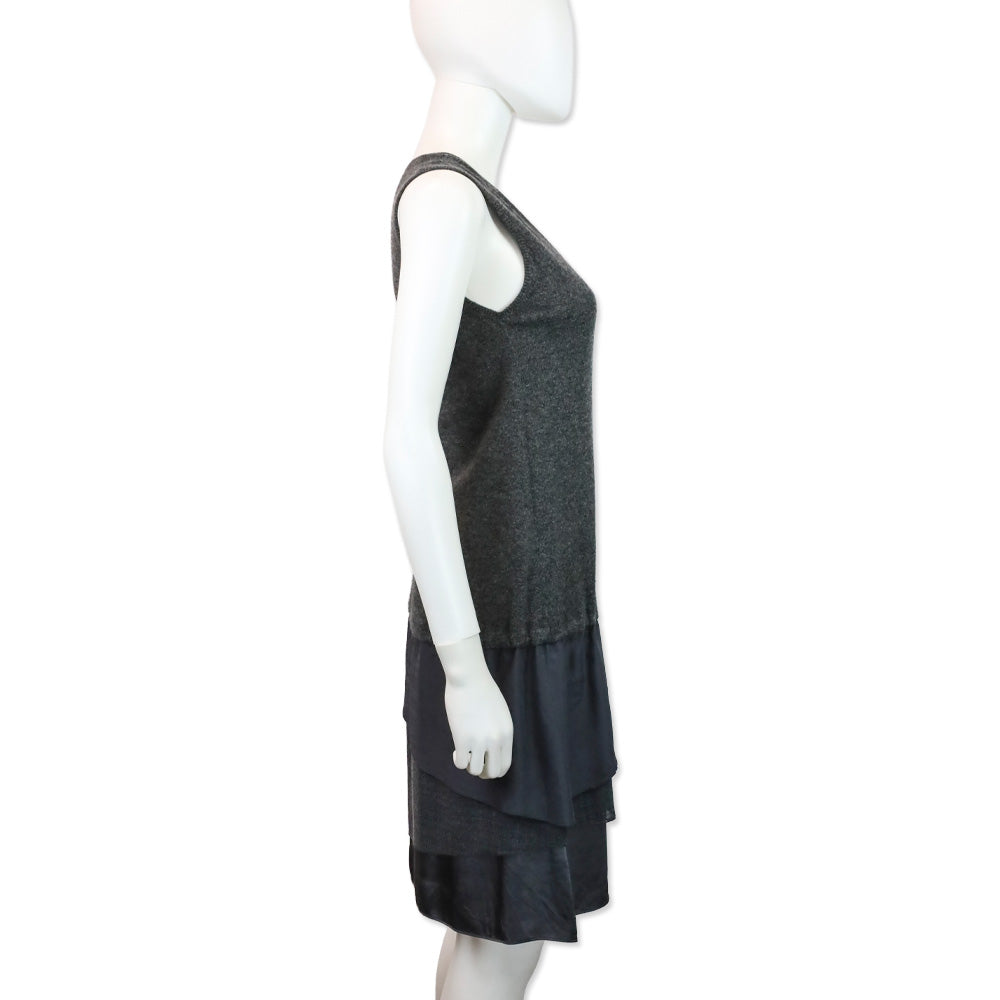 Brunello Cucinelli Charcoal Grey Cashmere Knit V-Neck Sleeveless Tiered Midi Dress