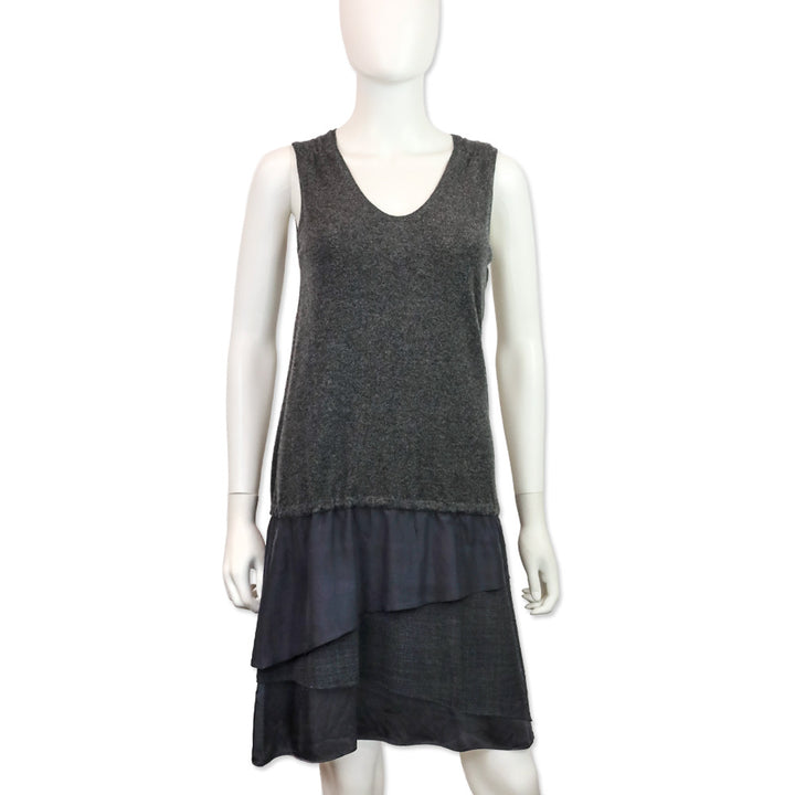 Brunello Cucinelli Charcoal Grey Cashmere Knit V-Neck Sleeveless Tiered Midi Dress