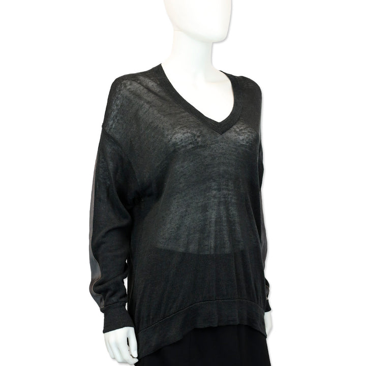 Brunello Cucinelli Charcoal Grey Linen Knit V-Neck Sweater
