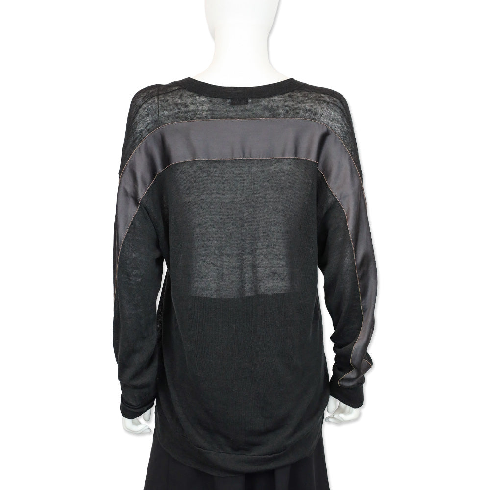 Brunello Cucinelli Charcoal Grey Linen Knit V-Neck Sweater