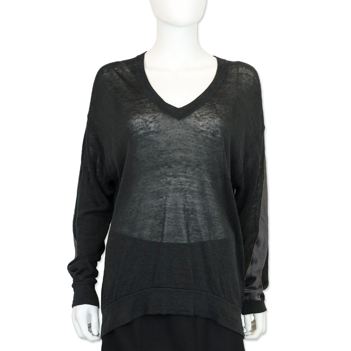 Brunello Cucinelli Charcoal Grey Linen Knit V-Neck Sweater