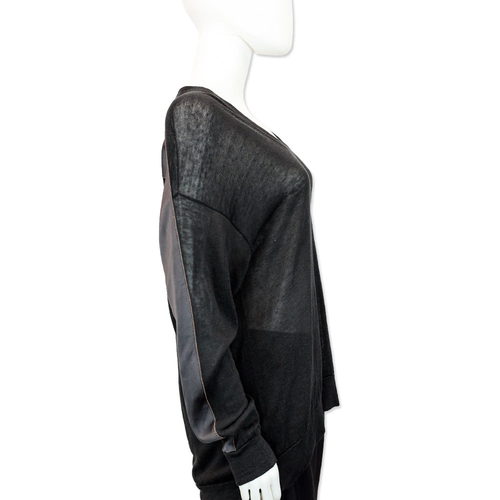 Brunello Cucinelli Charcoal Grey Linen Knit V-Neck Sweater