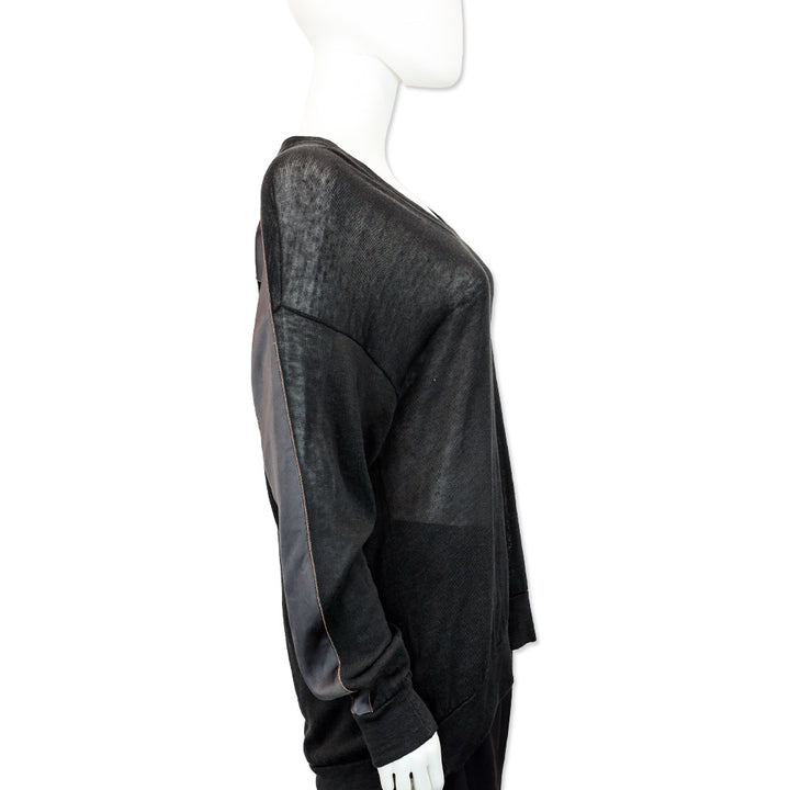 Brunello Cucinelli Charcoal Grey Linen Knit V-Neck Sweater