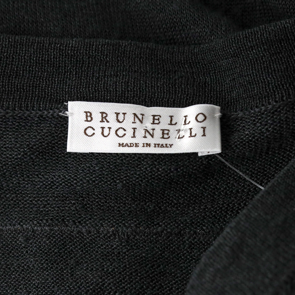 Brunello Cucinelli Charcoal Grey Linen Knit V-Neck Sweater