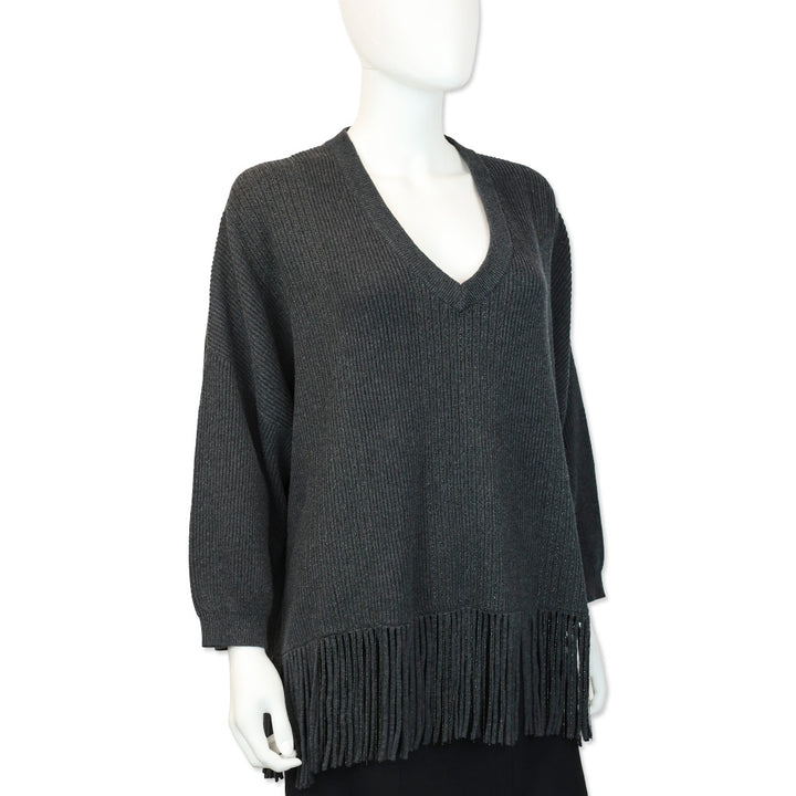 Brunello Cucinelli Charcoal Grey Monili Ribbed Knit V-Neck Fringe Sweater